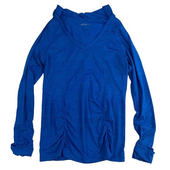 Zella Blue Marled Lightweight Hoodie Sz L Pullover V-Neck L/S Hand Cover Cuff - Picture 1 of 9
